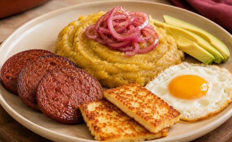 Los Tres Golpes Dominican breakfast with mangú fried salami queso frito egg and red onions