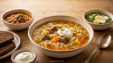 Traditional shchi with cabbage, potato, beef, dill and sour cream