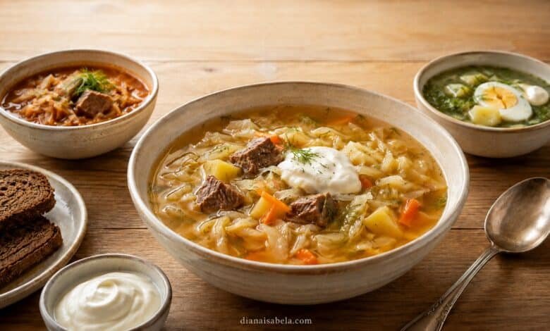 Traditional shchi with cabbage, potato, beef, dill and sour cream