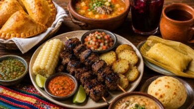What to Eat with Bolivian Anticuchos: Build a Better Meal 5 Bolivian anticuchos with potatoes, salteñas, soup, huminta, llajua and traditional drinks