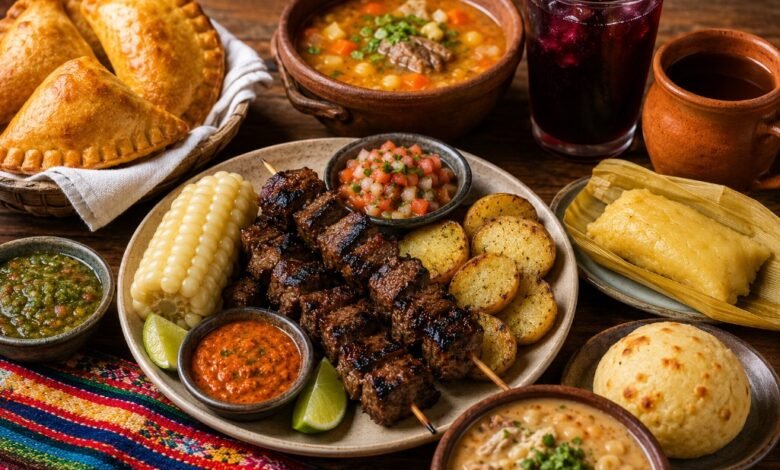 Bolivian anticuchos with potatoes, salteñas, soup, huminta, llajua and traditional drinks
