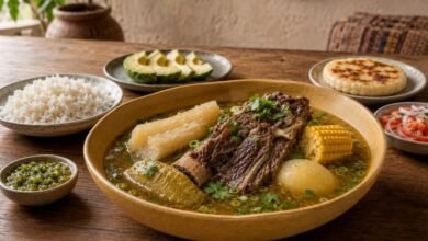 Colombian sancocho de costilla served with white rice, avocado, ají, arepa and a fresh tomato and onion side