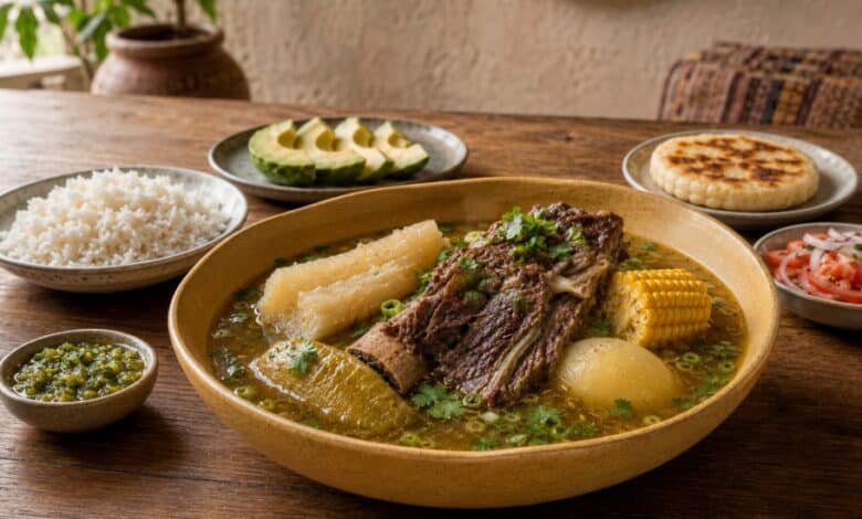 Colombian sancocho de costilla served with white rice, avocado, ají, arepa and a fresh tomato and onion side