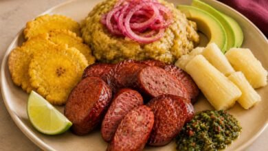 Dominican longaniza frita with tostones mangú yuca onions avocado and lime