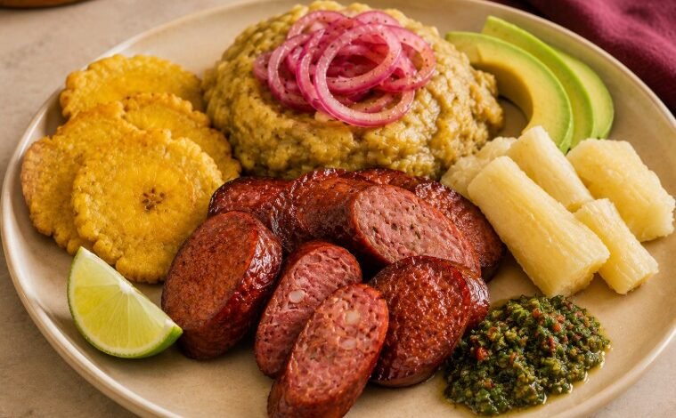 Dominican longaniza frita with tostones mangú yuca onions avocado and lime
