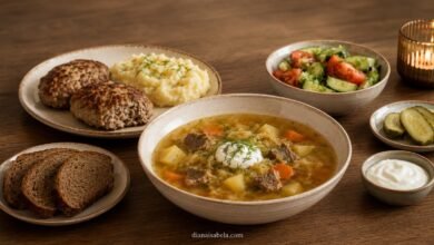 Traditional shchi served with kotleti, mashed potatoes, fresh salad, rye bread and sour cream