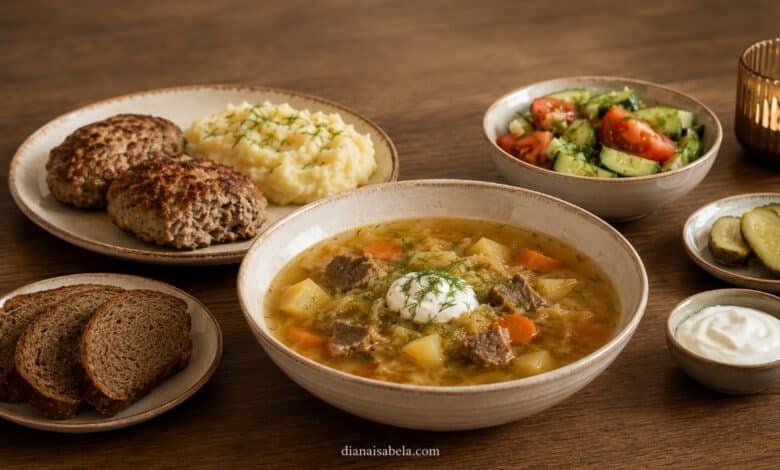 Traditional shchi served with kotleti, mashed potatoes, fresh salad, rye bread and sour cream