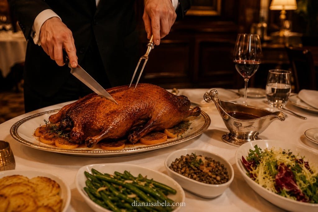 Whole duck à l’orange presented for elegant tableside restaurant service