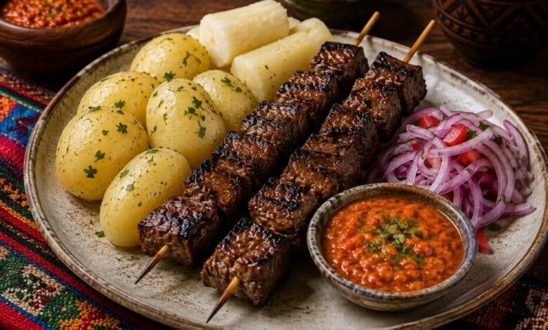 Bolivian anticuchos with grilled beef heart, potatoes, yuca, peanut llajua and red onion