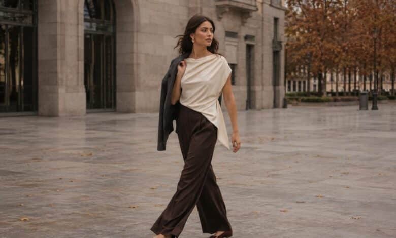 Stylish woman walking through a modern city plaza in a fluid outfit that shows natural fabric movement