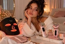 Beauty gadgets for self-care with LED face mask and skincare devices