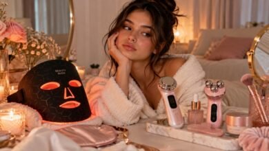 Beauty gadgets for self-care with LED face mask and skincare devices
