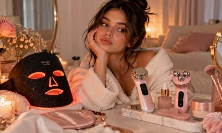 Beauty gadgets for self-care with LED face mask and skincare devices